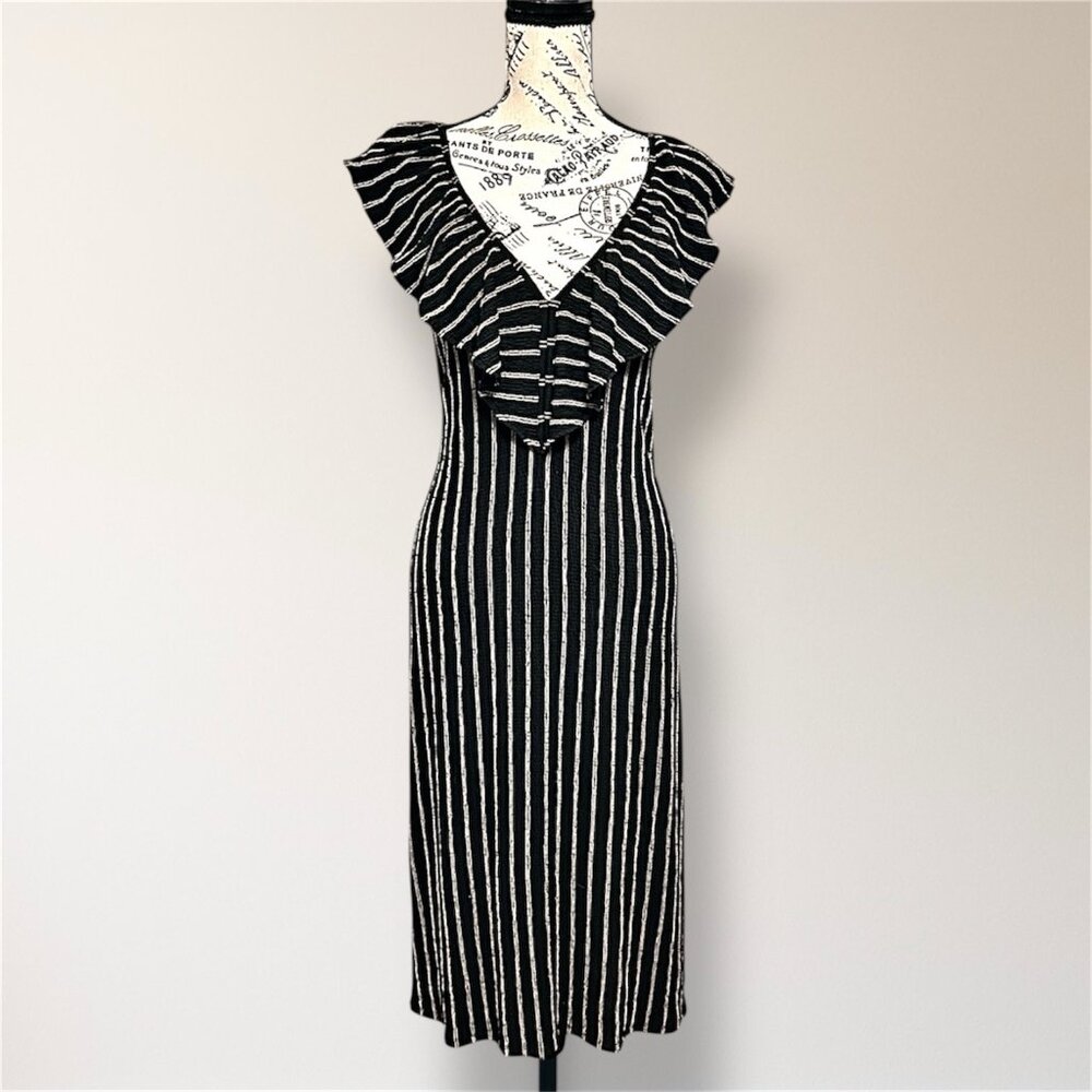 New Zara L Black Tan Striped Ruffle Midi Dress‎ Sleeveless Open Back Cottagecore